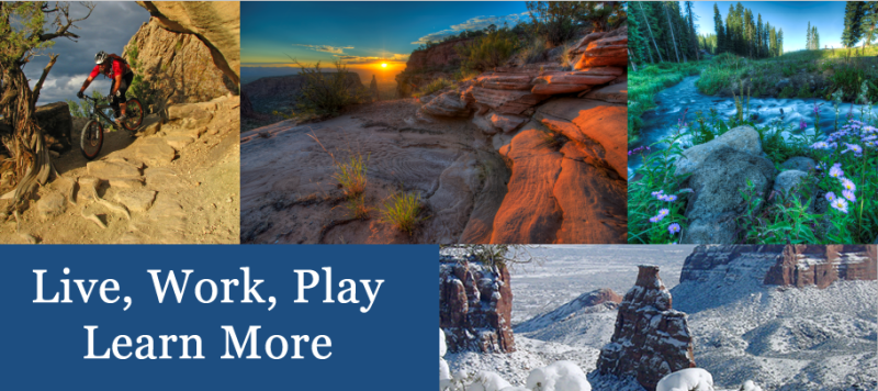 Live, Work, Play.  Learn More.  Collage of photographs of man riding bicycle on Colorado National Monument, Colorado National Monument at sunrise and another during the winter, a stream on the Grand Mesa