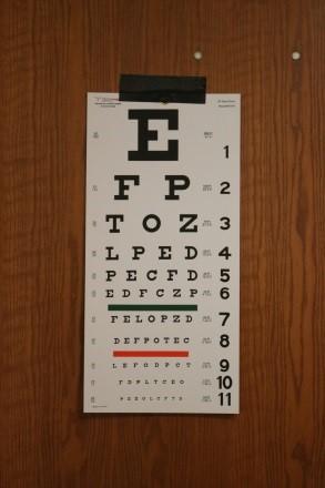 Photograph of an eye exam chart hanging on a door