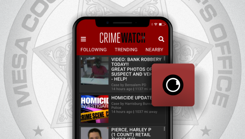 Graphic for Crime Watch application showing cell phone with crime watch app running, crime watch icon, and Mesa County Sheriff's Office logo in the background