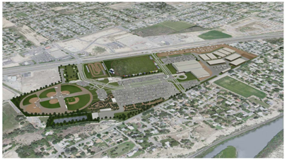 Aerial photograph of proposed layout of Mesa County Fairgrounds showing Lions and Veterans Park, existing entrance, Orchard Mesa Little League, Tri-River Extension, Main parking lot, Grandstands Complex, Community Building Livestock and Equestrian Facilities, BMX track
