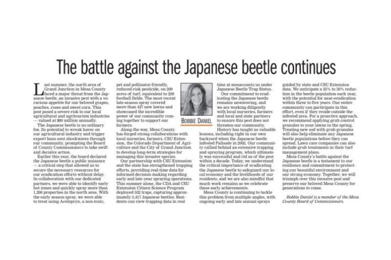 Clipping of "The battle against Japanese beetle continues" op-ed by Bobbie Daniel. 
