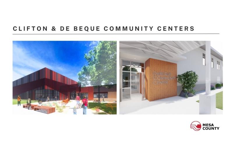 Mesa County Fairgrounds presentation 2024 slide 11. White background with two community center photos. 
