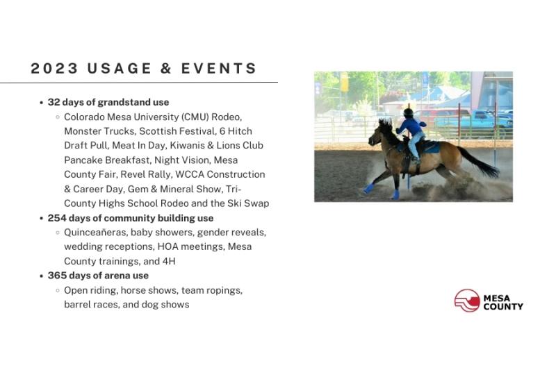 Mesa County Fairgrounds presentation 2024 slide 2. White background with black text and photo of person riding horse. 