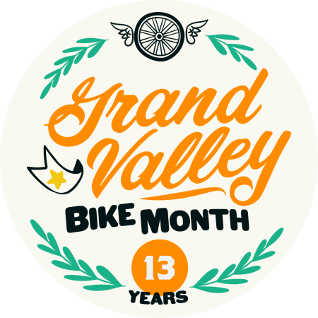 Grand Valley Bike Month 13 years logo with orange and black lettering.