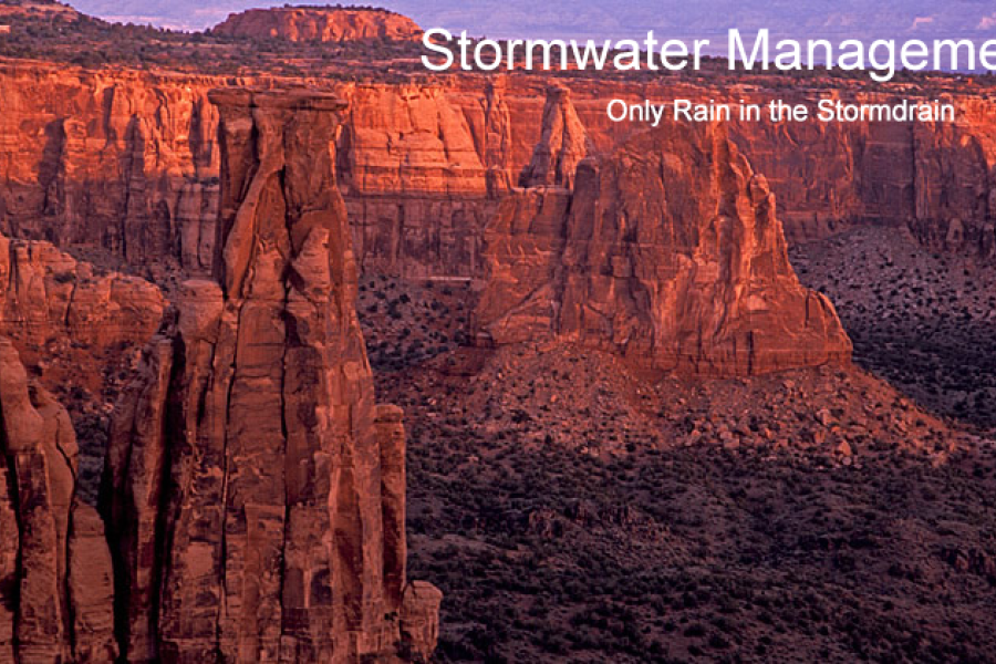 Graphic for Stormwater Management, Only Rain in the Storm Drain  with Colorado National Monument in the background