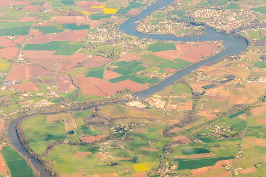 Aerial photograph of landscape with river running through