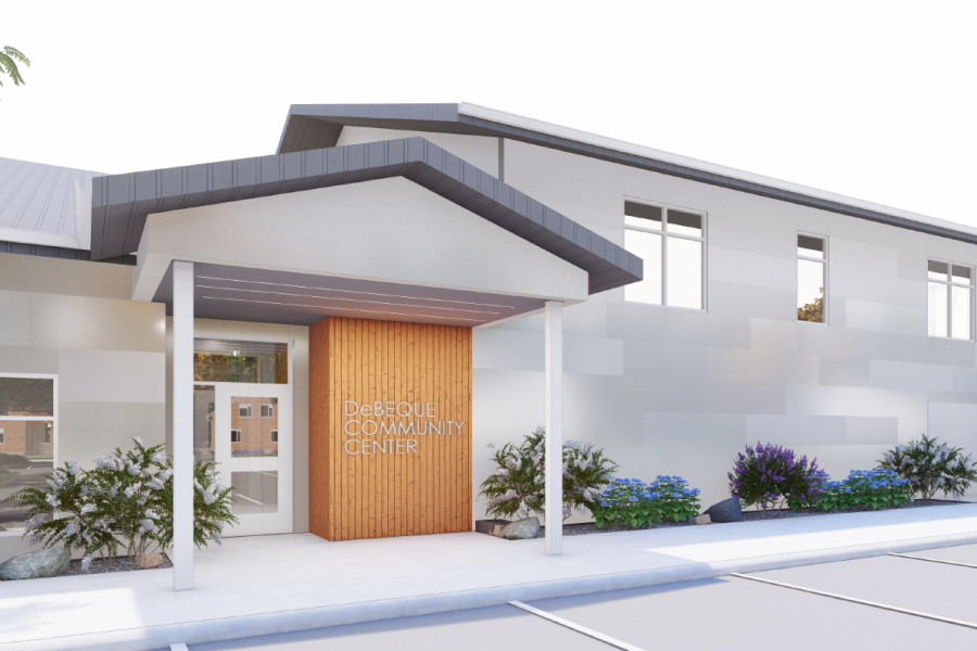 Design graphic for De Beque Community Hall.  Building Front with entrance