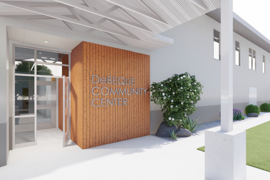 Design graphic for De Beque Community Hall. Building with Sign