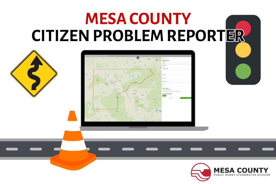 Laptop with a preview of the Mesa County Citizen Problem Reporter app.
