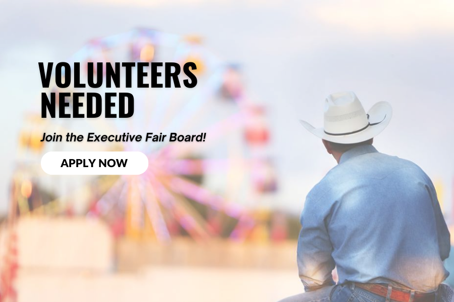 Back of man with cowboy hat sitting in front of ferris wheel with text reading "Volunteers Needed".