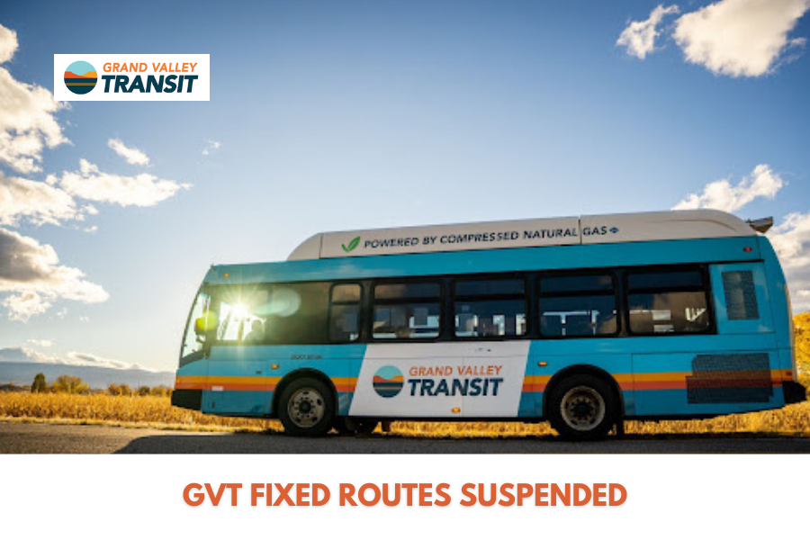 Picture of a GVT bus in the sunshine with text announcing: GVT Fixed Routes Suspended