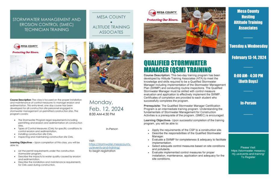 Two blue and white flyers advertising stormwater management training. 