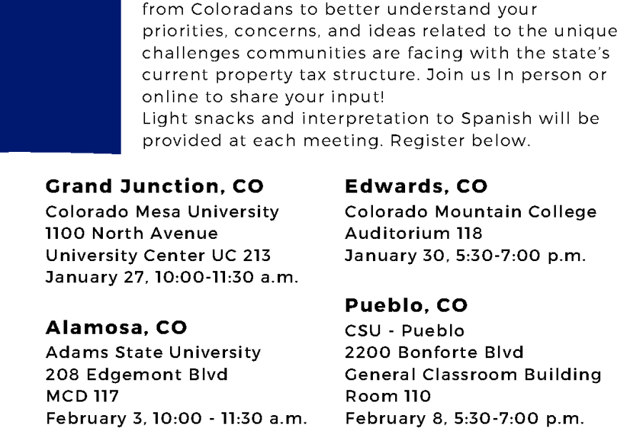 A flyer for the community conversation hosted by Colorado's Commission on Property Tax on Saturday, Jan. 27, from 10 to 11:30 a.m., at Colorado Mesa University, University Center UC 213, 1100 North Avenue.