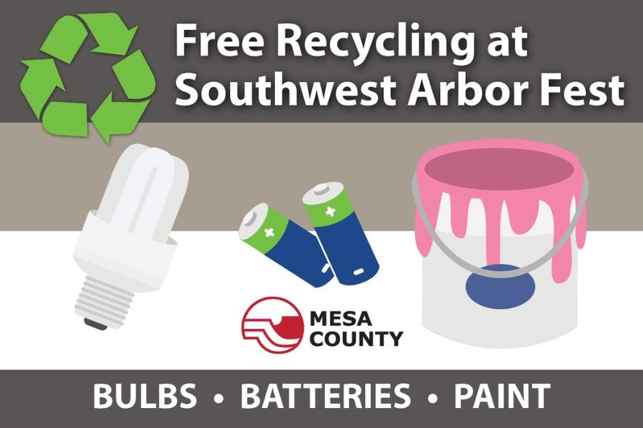 Light bulbs, paint, and batters with white text reading, "Free Recycling at Southwest Arbor Fest."