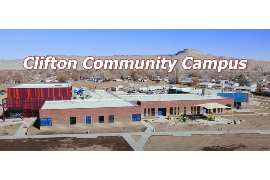 Outside of Clifton Community Campus building with white text outlined in red reading, "Clifton Community Campus."