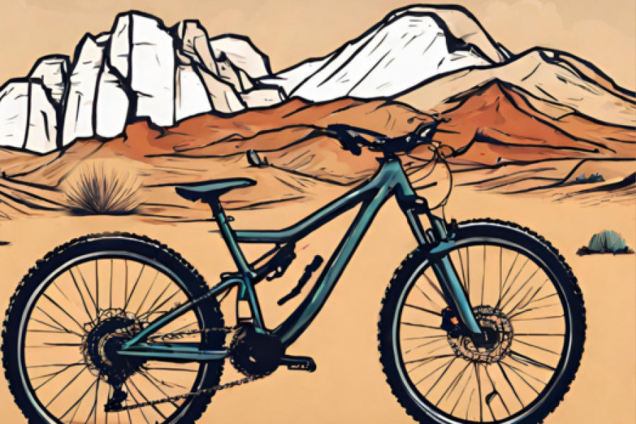 A cartoon image of a teal mountain bike in front of mountains.
