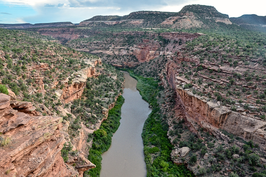 The image shows a the Dolores Canyon with a river flowing through it, bordered by steep, layered rock walls. Vegetation dots the rugged terrain, and the sky above is partly cloudy, highlighting the natural beauty of the landscape.