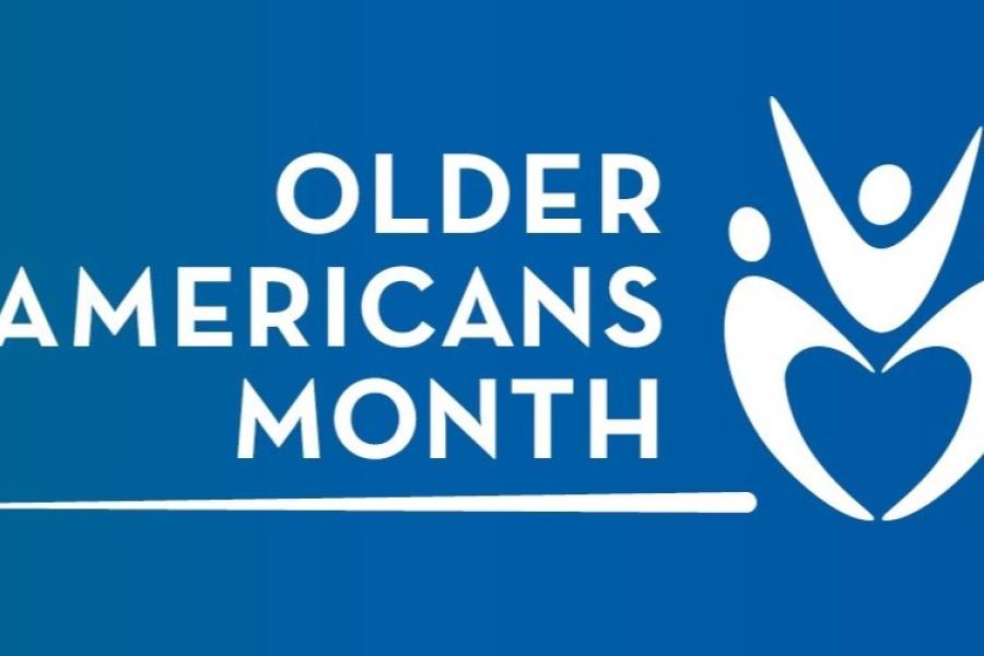 Older Americans Month logo with white symbol graphic