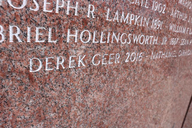 Photograph of Deputy Geer National Law Enforcement Officers Memorial focused on his name on the wall