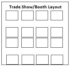 Graphic showing Trade Show / Booth Layout with four booths in the first row, an aisle, two rows of four booths each, an aisle, row of four booths