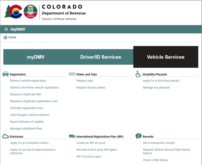 Screen print from the CO myDMV Vehicle Services web page