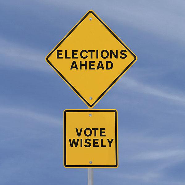 Photograph of street sign pole with diamond shaped sign with "Elections Ahead" and Square sign below with "Vote Wisely"