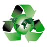 Recycle icon showing three thick green arrows in a circle with green globe of earth in the center