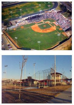 Photograph collage of baseball fields available at local parks, one is an aerial view and the other is from outside the field