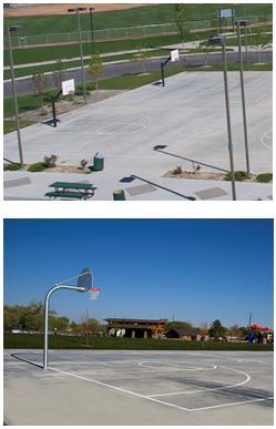 Photograph collage of basket ball courts at local parks.  One is an aerial view of the court and the other is from the side