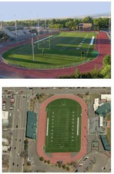 Photograph collage of football fields at local parks showing aerial views of both fields