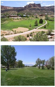 Photograph collage of golf courses at local parks.  Both photographs are aerial views and one photo shows a mountain range in the background