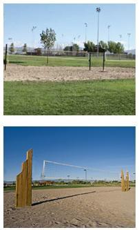 Photograph collage showing volley ball pits at local parks.  Both photos show nets and sand pits
