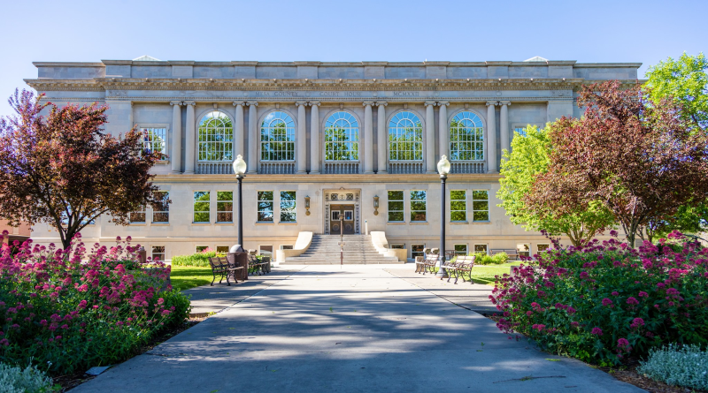 Photograph of the front of old Mesa County Courthouse in spring showing the wide staircase, four park benches, trees, flowering plants, shrubs, and grass area