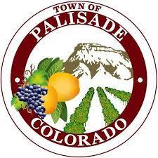 Logo for Town of Palisade in Colorado - Circle with drawing of fruit collection, grape vineyards, and outline of the Bookcliffs Mountain in the background