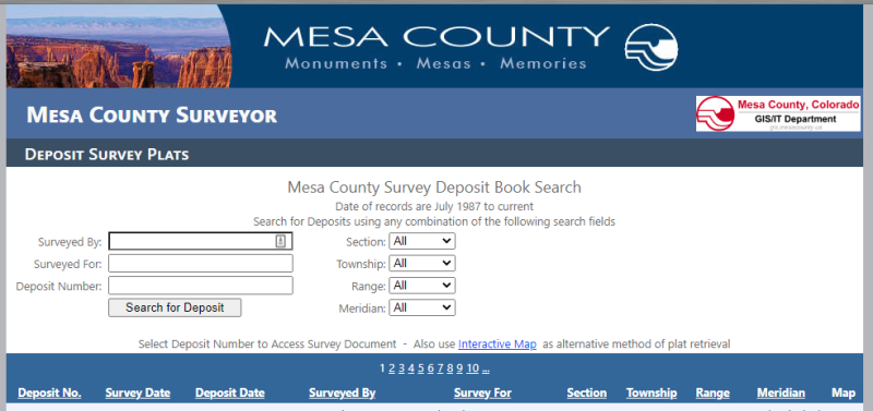 Screen shot of  Surveyor - Deposit Survey Plats system.  Shows search criteria Surveyed By, Surveyed For, Deposit Number, Section, Township, Range, and Meridian