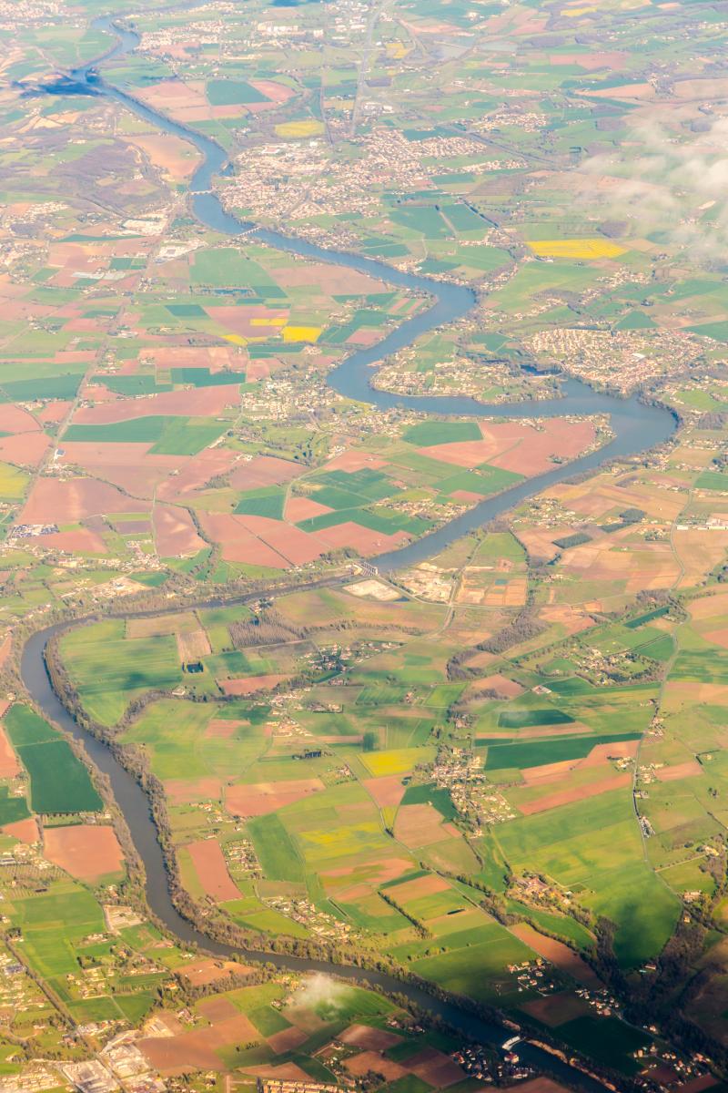Aerial photograph of landscape with river running through