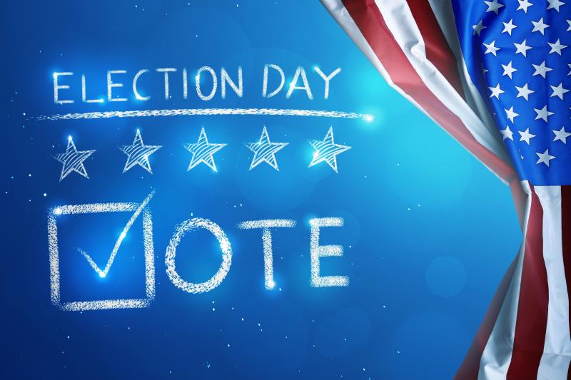 Graphic for Election Day Vote graphic with US Flag and row of stars