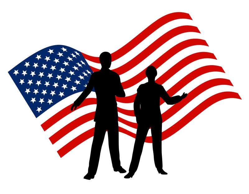 Graphic of a Male and Female silhouette in front of a United State of America flag