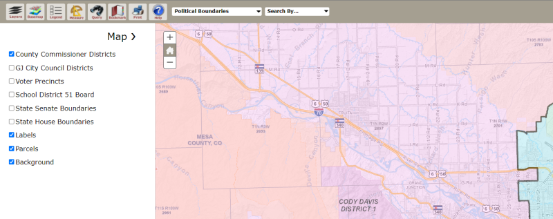 Screen shot of our Interactive Map System that displays district boundaries for County Commissioner Districts, Grand Junction City Council, Voter Precincts, School District 51 Board, State Senate and House Boundaries