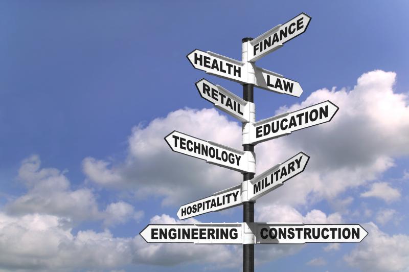 Graphic showing a sign post with arrows pointing in different directions.  Each arrow has a different career path written on it.  Finance, Health, Law, Retail, Education, Technology, Hospitality, Military, Engineering, Construction
