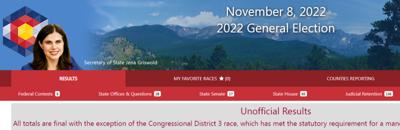 Screen shot from the State of Colorado Election Results Website