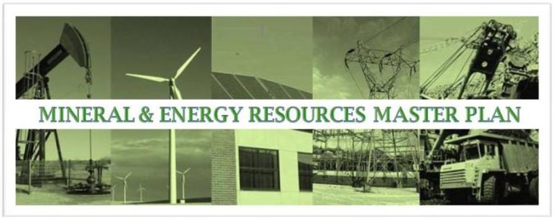 Mineral and Energy Resources Master Plan logo with photographs of drilling equipment, wind mills, and trucks in the background