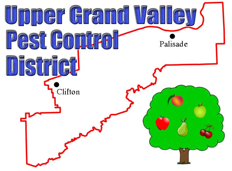 Graphic for Upper Grand Valley Pest Control District showing outline of boundary map, cartoon tree with fruit on it, red and green apples, peach, pear, and cherries