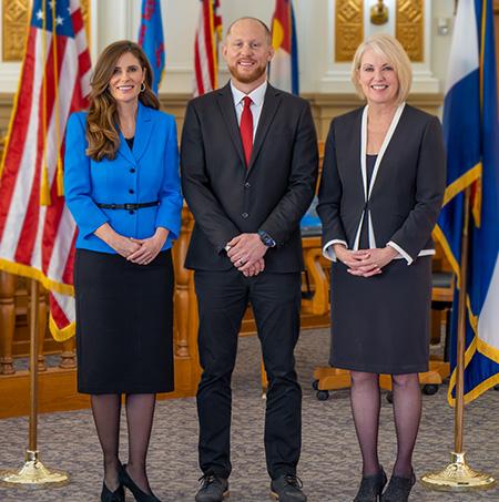 Photograph of 2023 Mesa County Board of County Commissioners.  Bobby Daniel, Cody Davis, Janet Rowland.