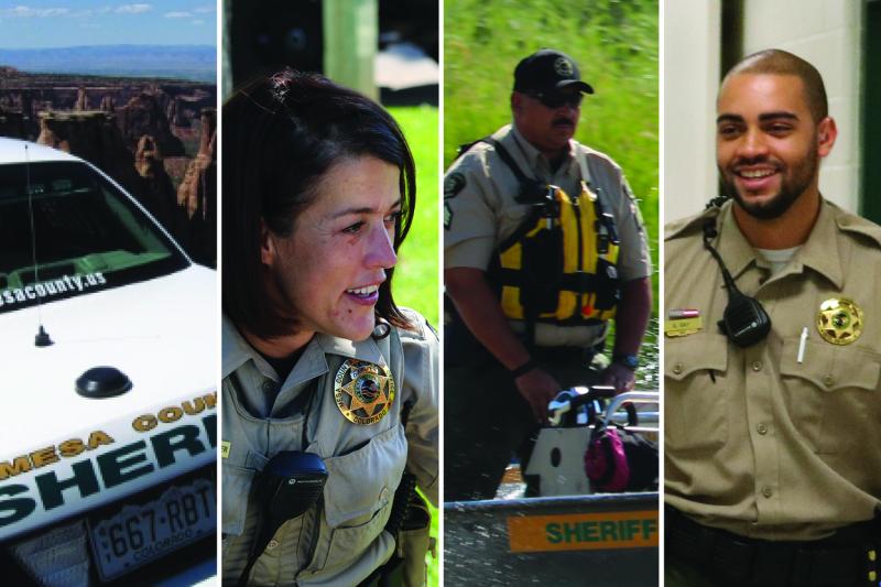 Collage of photographs showing a Sheriff Car on the Colorado National Monument, a female deputy speaking to a young female child, deputies on boat in the river, and a male deputy walking down the hall of the Sheriff's office building