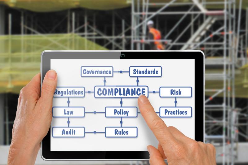 Concept Photograph for Compliance. Tablet showing Compliance Flowchart - Governance, Standards, Regulations, Risk, Law, Policy, Practices, Audit, Rules.