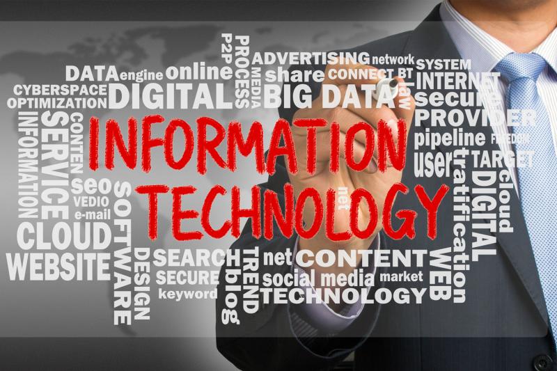 Graphic of a man in a business suit with a marker pointing at a holographic screen showing terms Information Technology surrounded by Digital, Search, Cloud, Website, Software, Secure, Blog, Trend, Service, Data Engine, Advertising, and other terms