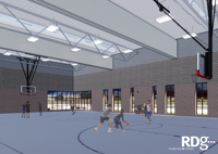 Design graphic for Clifton Community Campus.  Gymnasium with basketball court and people playing a game.