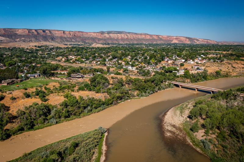 Aerial Photograph of the Grand Valley from the Redlands with River and Bridge