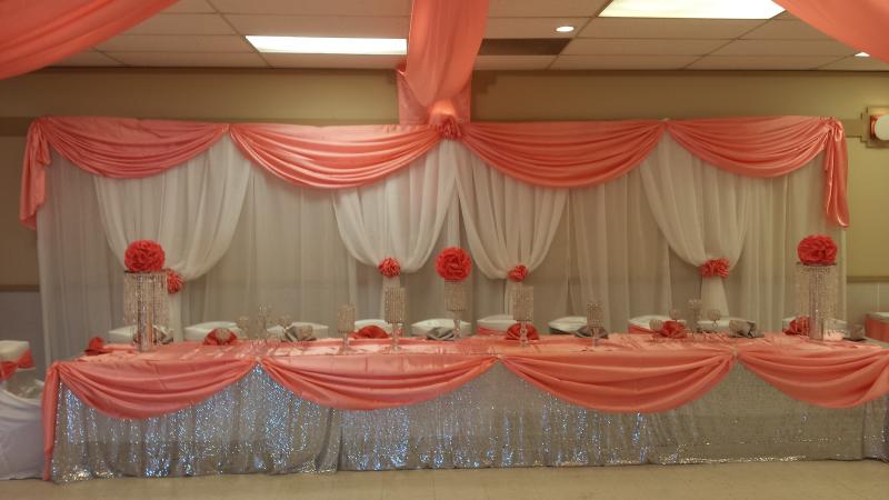 Photograph of the community building decorated - head table